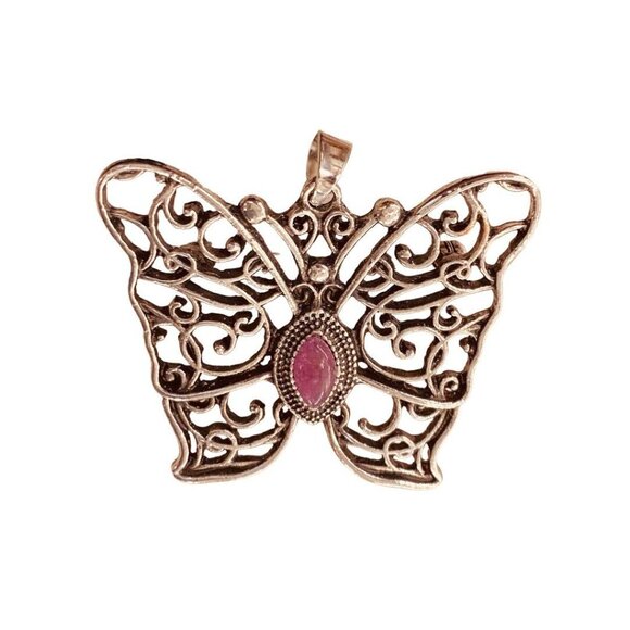 Silvertone Butterfly Pendant Brooch Purple Jewel 1.5" Filigree Style - Picture 4 of 14
